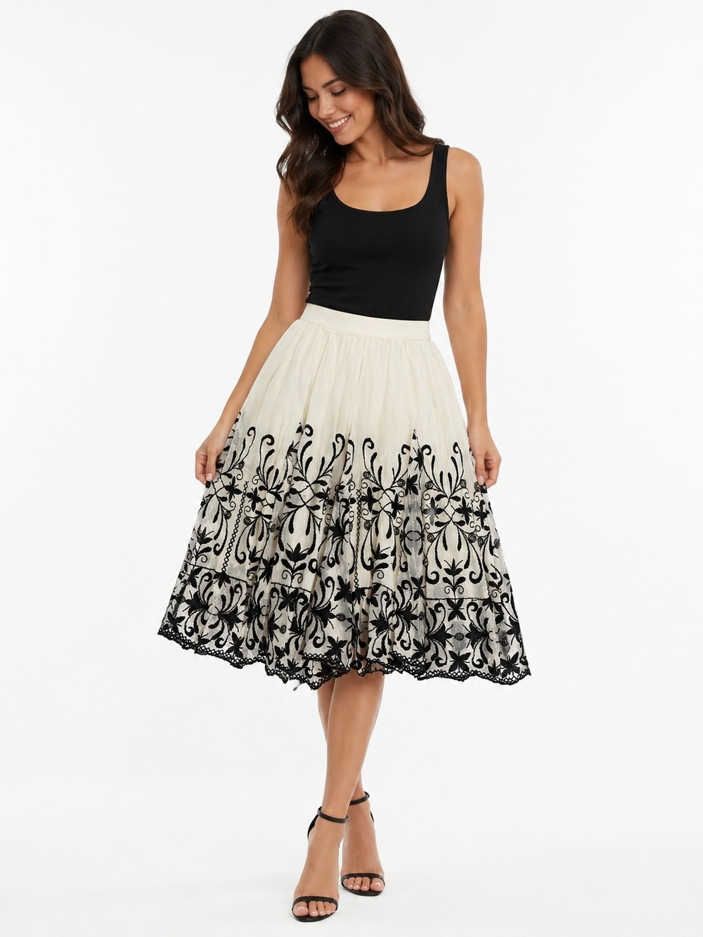 Zara Cream Midi Skirt with Black Floral Embroidery
